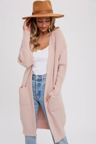 RIBBED OPEN FRONT CARDIGAN: BLUSH / M/L