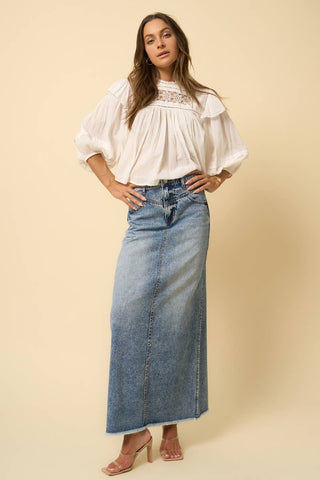 HIGH RISE FLARED MAXI SKIRT - Fray Hem