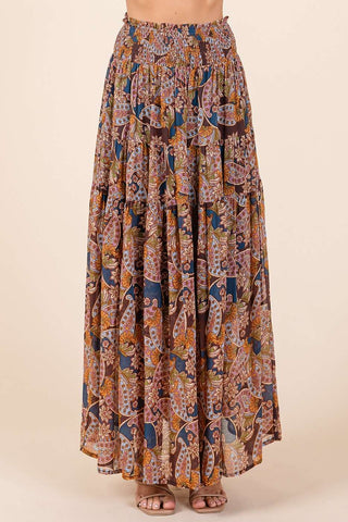 BOHO PAISLEY PRINT SMOCKED WAIST MAXI SKIRT: RED BROWN / L