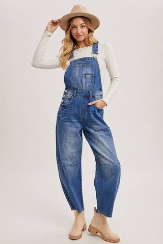 DENIM BARREL OVERALLS: DK.WASH / M