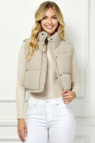 Lightweig Padded Crop Puffer Vest, Sleeveless Puffer Vest: Khaki / L