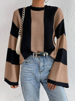 Flared Sleeves Long Sleeves Contrast Color Round-Neck Knitwear Pullovers Sweater Tops