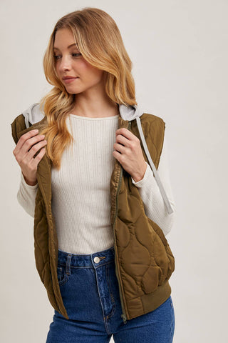 ZIPPER FRONT QUILTED PUFFER VEST CONTRAST HOODIE: ARMY GREEN / S/M