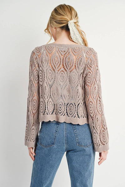 CROCHET CROPPED BUTTON FRONT CARDIGAN TOP: LATTE / S