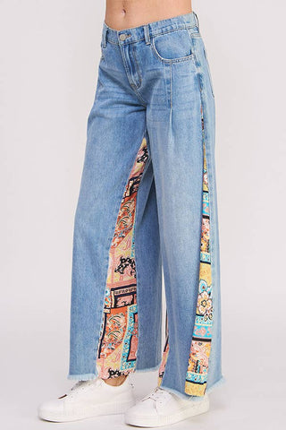 MID RISE PAISLEY PRINT PATCHWORK STRAIGHT LEG PANT: DENIM / L