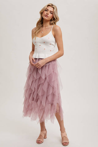 SPRIAL RUFFLED TULLE MIDI SKIRT: PLUM / M