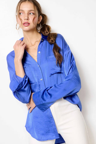 SRT7452-Silky and Flowy Button Down Long Sleeve Shirts: Khaki / S