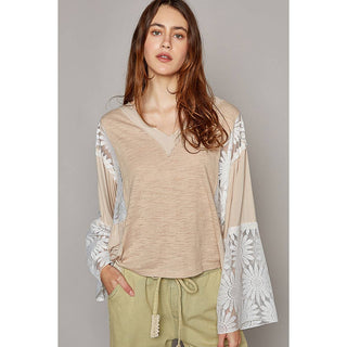 V-neck long flare sleeve lace detail solid top: BEIGE / S