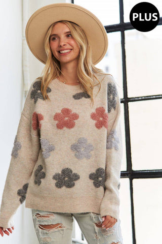 LESW3591X - PLUS PUFF FLOWER COMFY SWEATER: BEIGE / 3XL