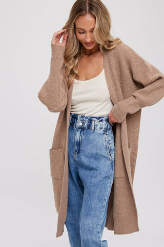 RIBBED OPEN FRONT CARDIGAN: BLUSH / M/L