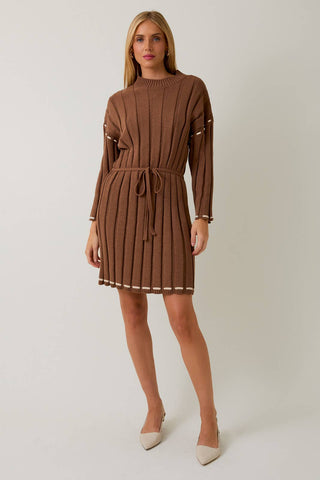 3/4 SLEEVE STITCH DETAIL MINI SWEATER DRESS