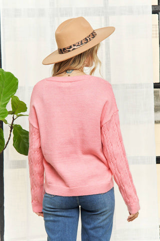 LESW3720 - LOVELY BOW ACCENT CABLE KNIT SWEATER: PINK / M