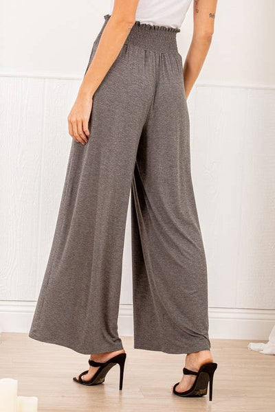 SP1123-10 FOLD OVER WIDE LEG SOLID PANTS WITH SMOCKED: 2-2-2 (S-M-L) / CHARCOAL