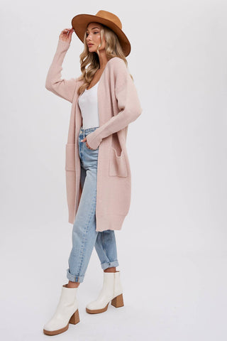 RIBBED OPEN FRONT CARDIGAN: BLUSH / M/L