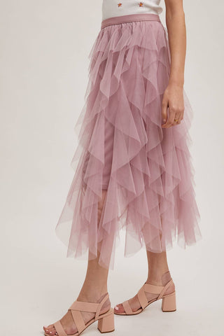 SPRIAL RUFFLED TULLE MIDI SKIRT: PLUM / M