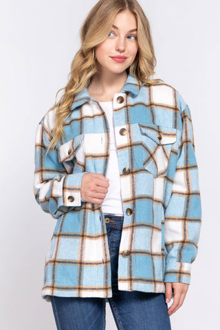 Long Sleeve Inside Faux Fur Brushed Plaid Jacket