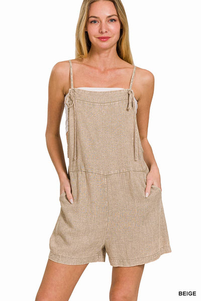 ...SI-25898 Washed Linen Knot Strap Rompers: ASH GREY-165824 / M