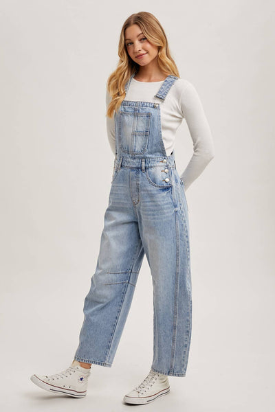 DENIM BARREL OVERALLS: DK.WASH / S