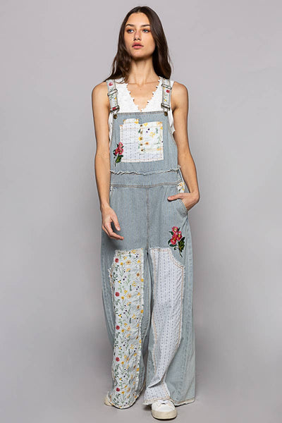 Floral patchwork embroidery overall: M / STRIPE DENIM