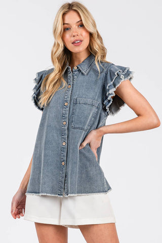 WASHED DENIM RUFFLE SHORT SLEEVE COLLARED SHIRT