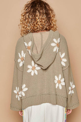 Hooded v-neck floral pattern ribbed openings sweater SALE: CHARCOAL / S