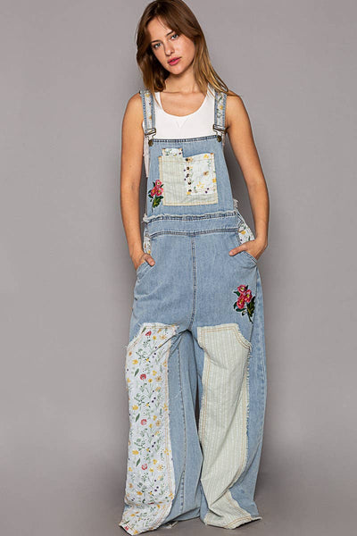 Floral patchwork embroidery overall: M / STRIPE DENIM