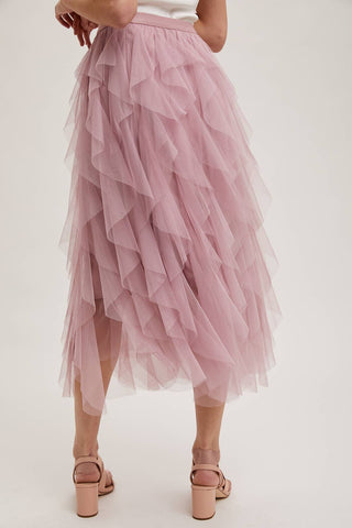 SPRIAL RUFFLED TULLE MIDI SKIRT: PLUM / M