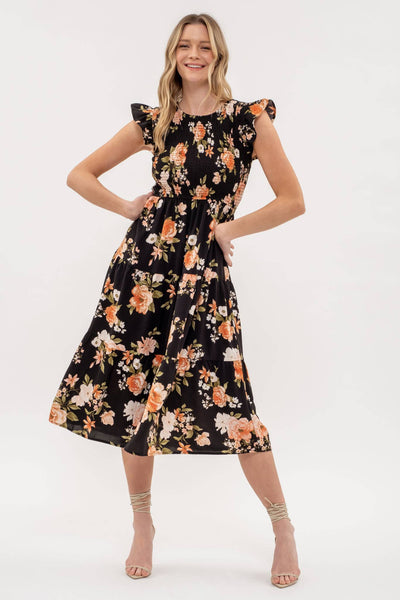 SMOCKED TIERED FLORAL MIDI DRESS: BLACK MULTI