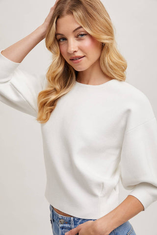 PUFFED 3/4 SLEEVED KNIT SWEATER TOP: LATTE / M