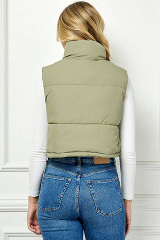 Lightweig Padded Crop Puffer Vest, Sleeveless Puffer Vest: Khaki / L