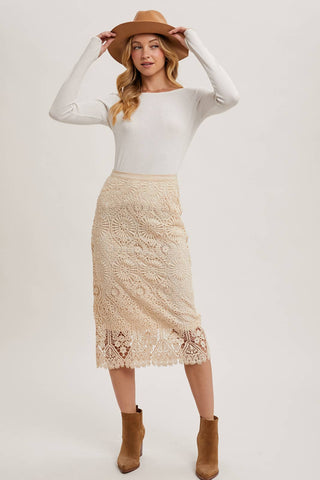 LACE MIDI SKIRT WITH INNER LINING: Beige / S