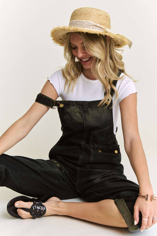 LEJP3648- WASHED DENIM CASUAL OVERALLS: DENIM BLACK / M