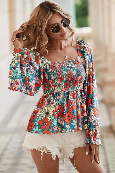Printed Floral Print Smocked Puff Sleeve Peplum Blouse: Missy / XL / AS SHOWN