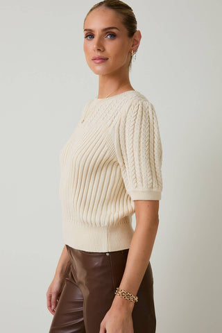 ROUND NECK PUFF SHORT SLEEVE CABLE SWEATER