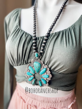 Western Statement Squash Blossom Stone Necklace: Turquoise