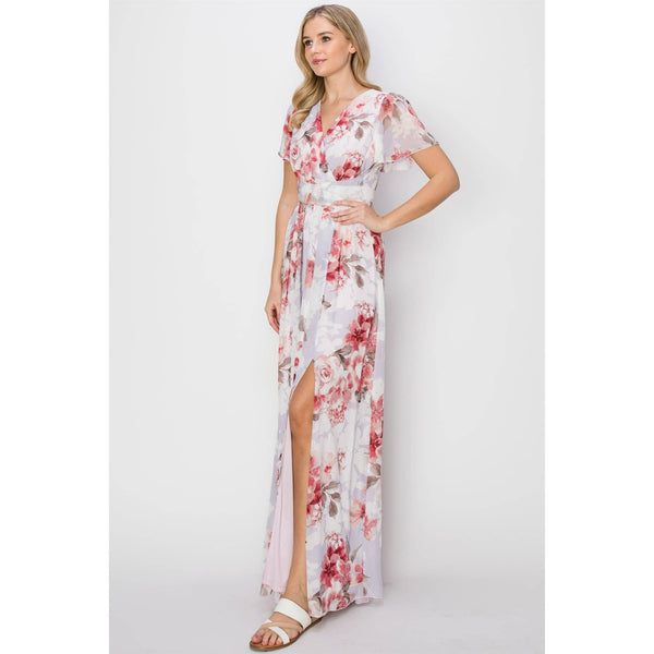OL23A107-COLORFUL TIE-BACK MAXI DRESS: M / RED
