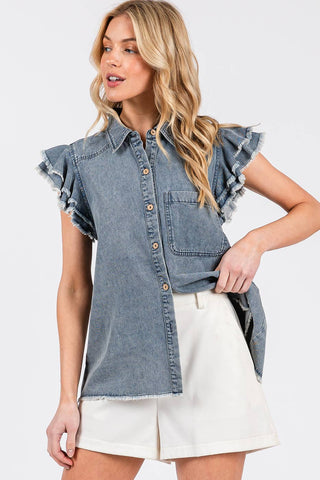 WASHED DENIM RUFFLE SHORT SLEEVE COLLARED SHIRT