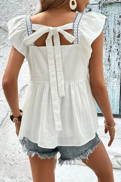 Square neck Embroidery Floral Flutter Sleeves Blouse: White / XL
