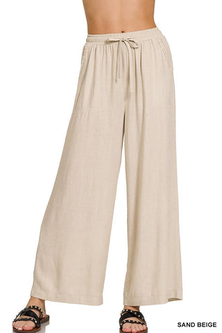 Wide-leg Linen Blend Pants With Pockets: 1-2-2-1 (S-M-L-XL) / LT MOCHA