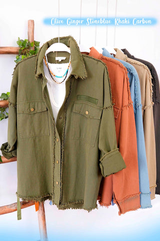 JKT1760-Loose Fit Cut Edge Snap Button Down Jacket: Olive / L