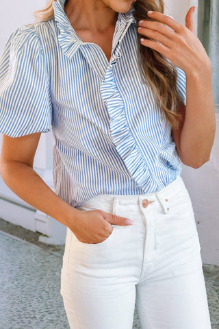 LDC Blue Striped Ruffle Short Bubble Sleeve Top