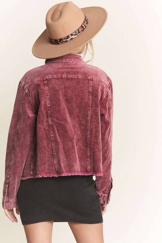 LEJ3662WN - FRAYED HEM CORDUROY JACKET: BURGUNDY / L