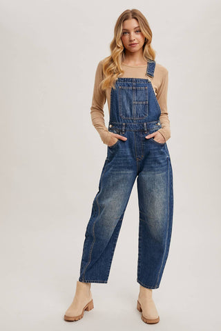 DENIM BARREL OVERALLS: DK.WASH / M