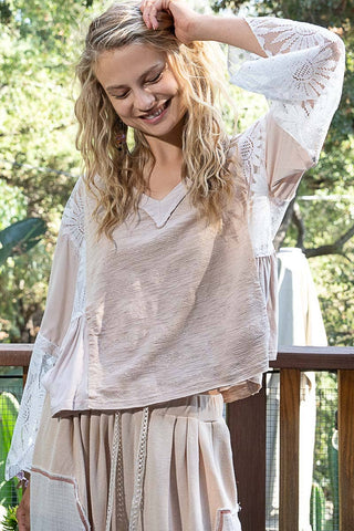 V-neck long flare sleeve lace detail solid top: BEIGE / S