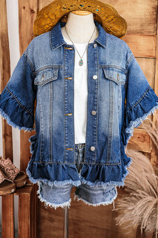 Western Fall Raw Edge Ruffle Short Sleeve Denim Jacket: As shown / Missy / XL