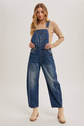 DENIM BARREL OVERALLS: DK.WASH / M