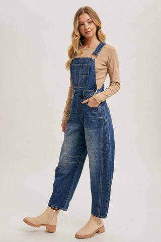 DENIM BARREL OVERALLS: DK.WASH / M