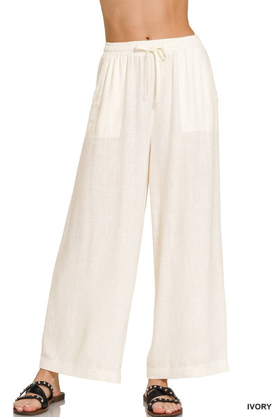 Wide-leg Linen Blend Pants With Pockets: 1-2-2-1 (S-M-L-XL) / LT MOCHA