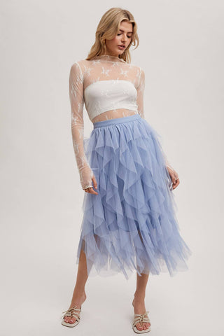 SPRIAL RUFFLED TULLE MIDI SKIRT: PLUM / S