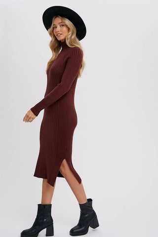 TURTLENECK RIBBED SWEATER MIDI DRESS: CHOCOLATE / S